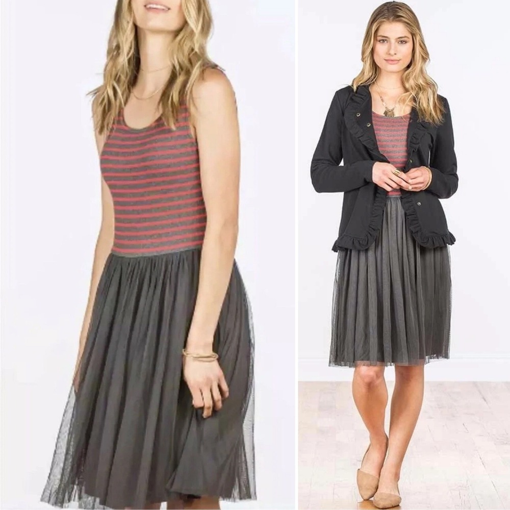 Matilda Jane T'was The Night Dress Medium Red Striped Gray Mesh Tulle Midi Dress
